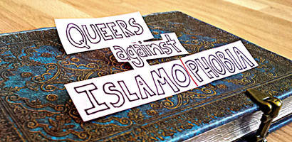 The words Queers against Islamophobia (written on paper, by hand), appear on the cover of a blue and gold journal.