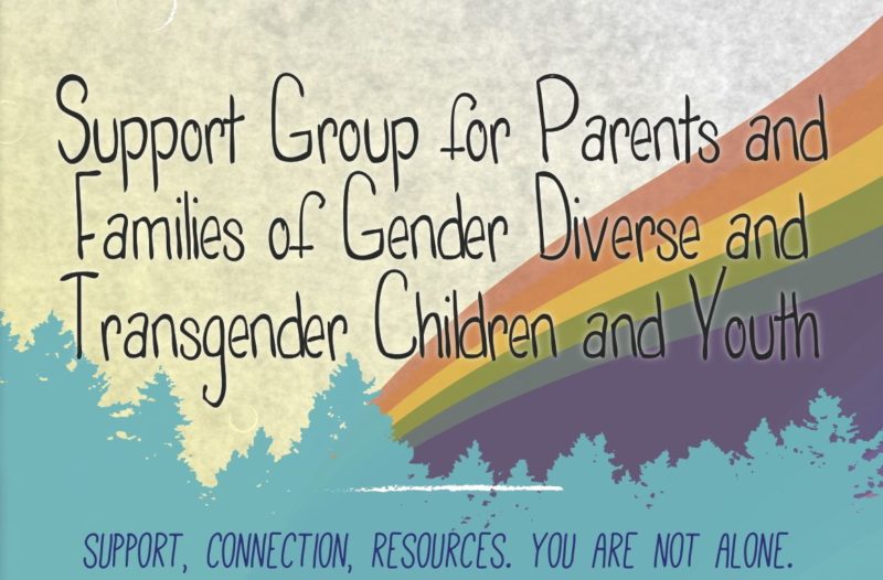 A drawn image of a green tree line with a rainbow in the background. The text reads: Support group for parents and families of gender creative children and youth.