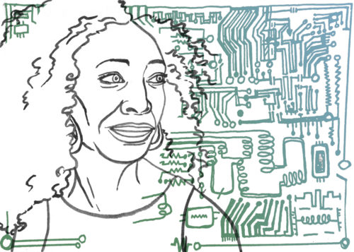 A line drawing of Angelica Ross with and illustrated green and blue circuit board in the background.