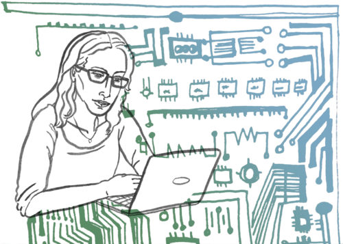 A line drawing of "Nomi Marks" from the Netflix series Sense8, with and illustrated green and blue circuit board in the background.