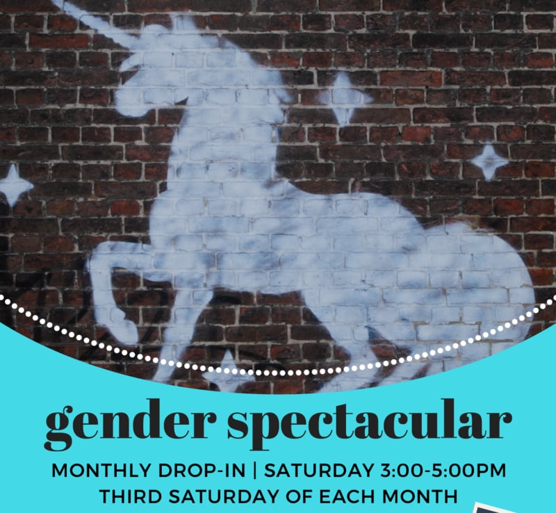 A banner that reads: Gender Spectacular, monthly drop-in, Saturday 3-5pm, 3rd Saturday of each month