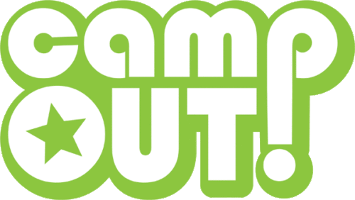 'Camp out' in green block letters. There is a green star in the inside of the O