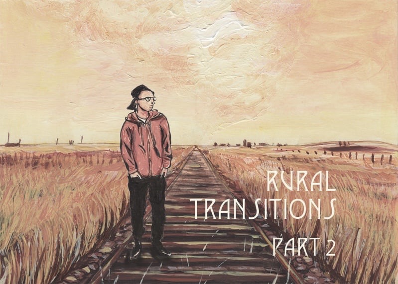 An illustration of Kingsley wearing a red hoodie and black pants, standing on a railroad in the prairies. Text reads: Rural Transitions Part 2
