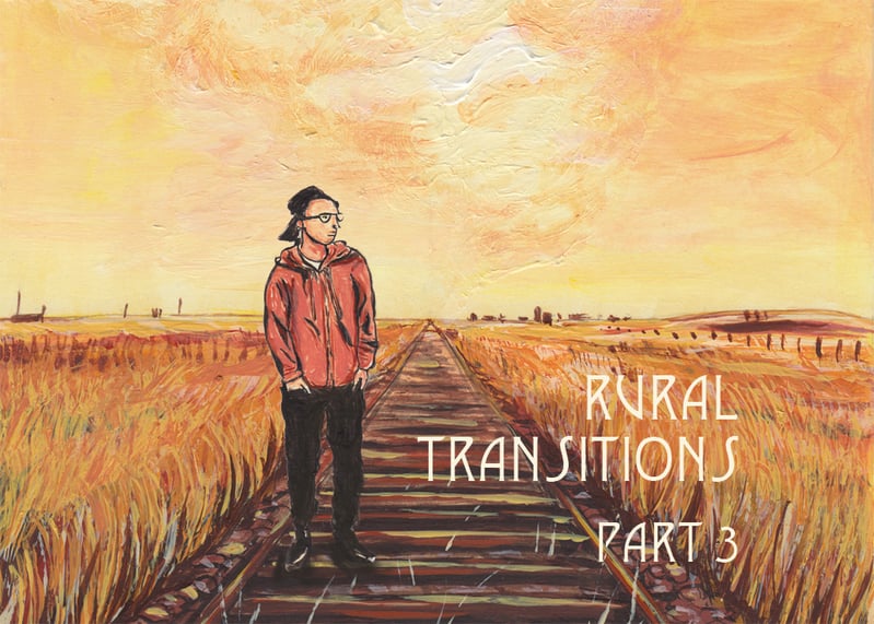 An illustration of Kingsley wearing a red hoodie and black pants, standing on a railroad in the prairies. Text reads: Rural Transitions Part 3