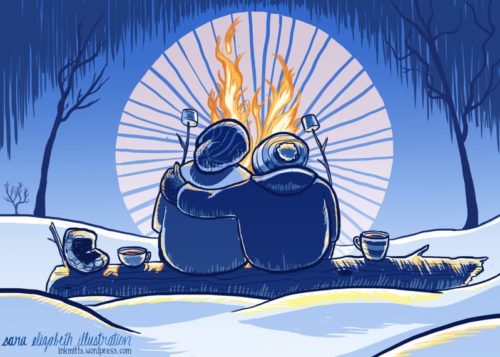 a drawing of two people sitting on a log by an outdoor fire. one person has their arm around the other.