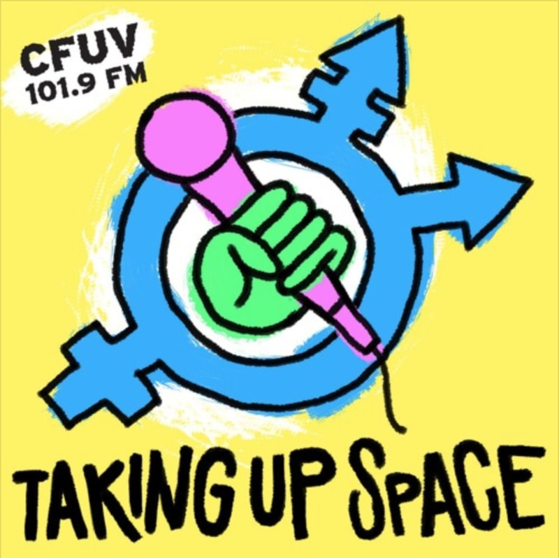 a blue male/female/intersex symbol, with a green fist holding a pink microphone. background is yellow, with bloack text that says CFUV 101.9