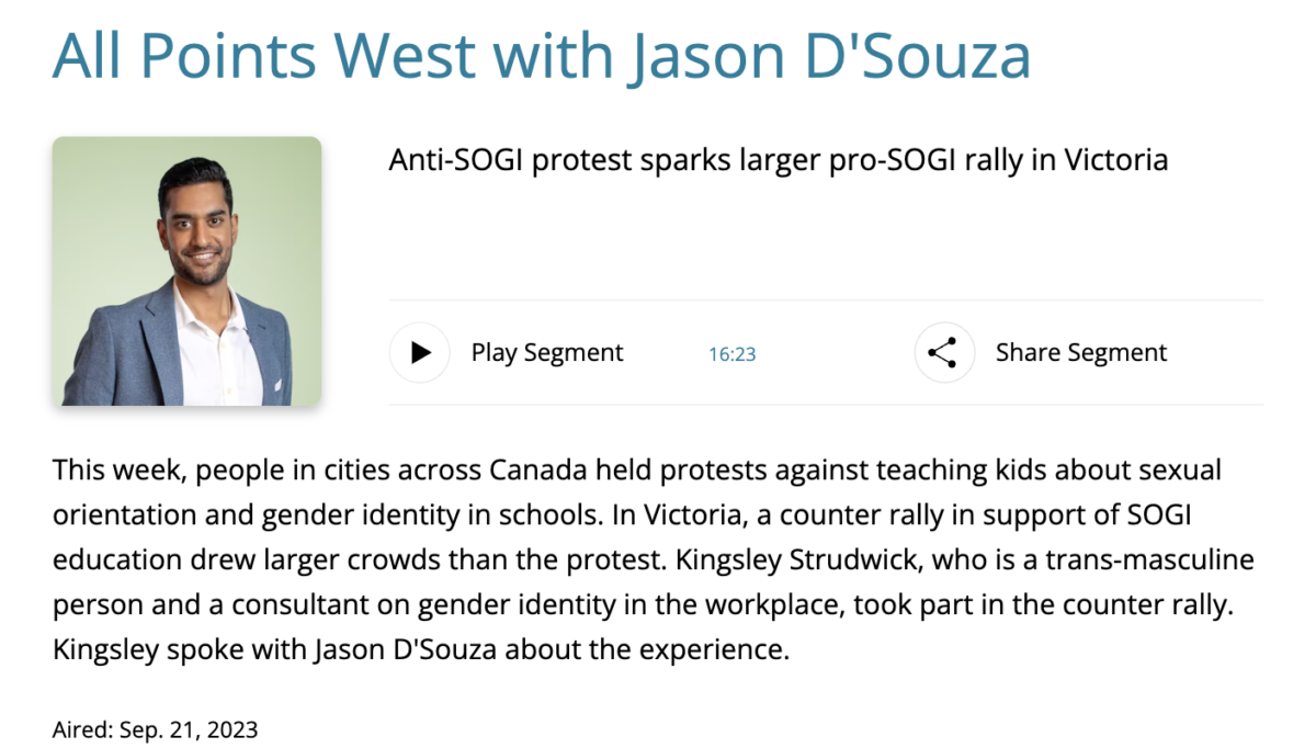 Screenshot of the CBC website with a photo of Jason D'Souza and text from the anti-SOGI, and anti-queer, protest. 